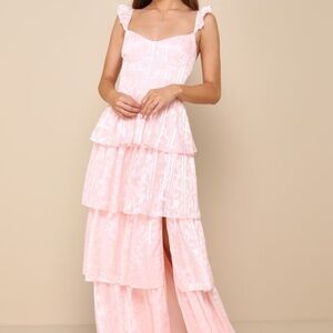Lulus Stunning Glory Light Pink Floral Jacquard Tiered Maxi Dress - Size 1X